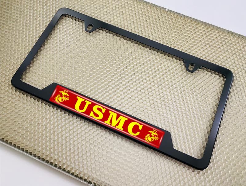 USMC - Eagle, Globe, and Anchor logo - Stainless Steel Black 2-hole Car License Plate Frame